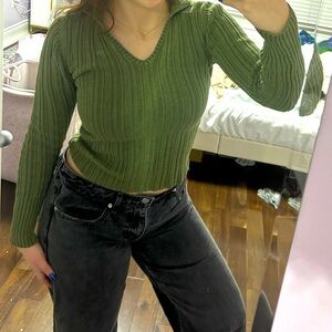 Green Ribbed V-Neck Sweater